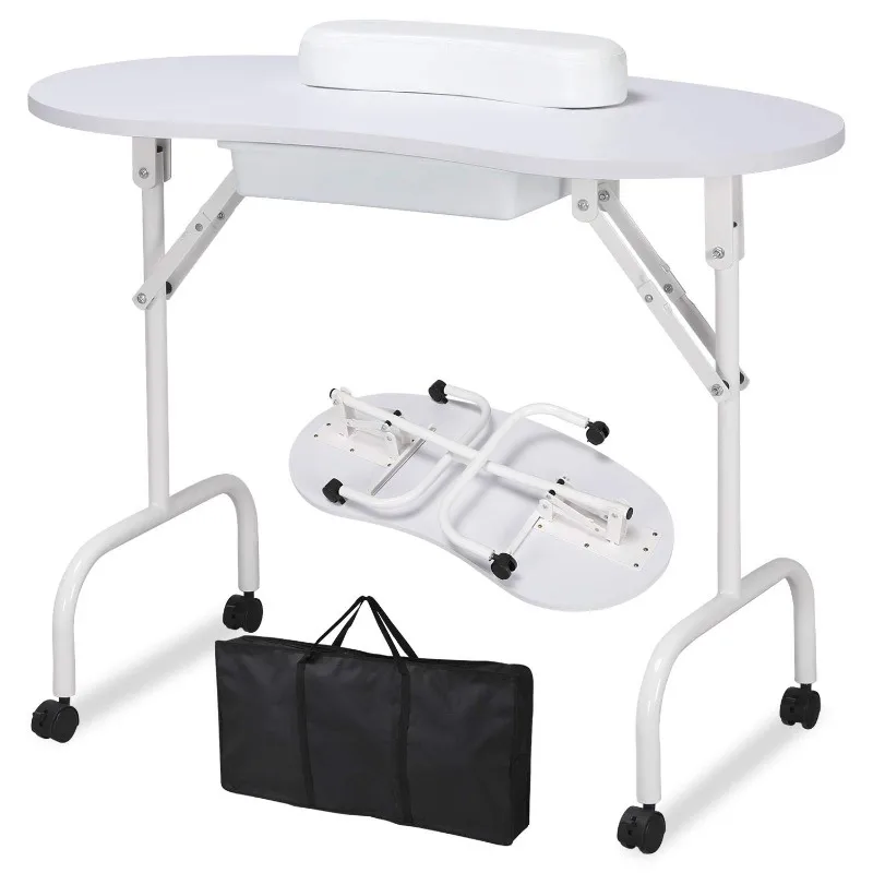 

37-inch Portable &Foldable Manicure Table Nail Desk Workstation with Large Drawer/Client Wrist Pad/Controllable Wheels/Carrying