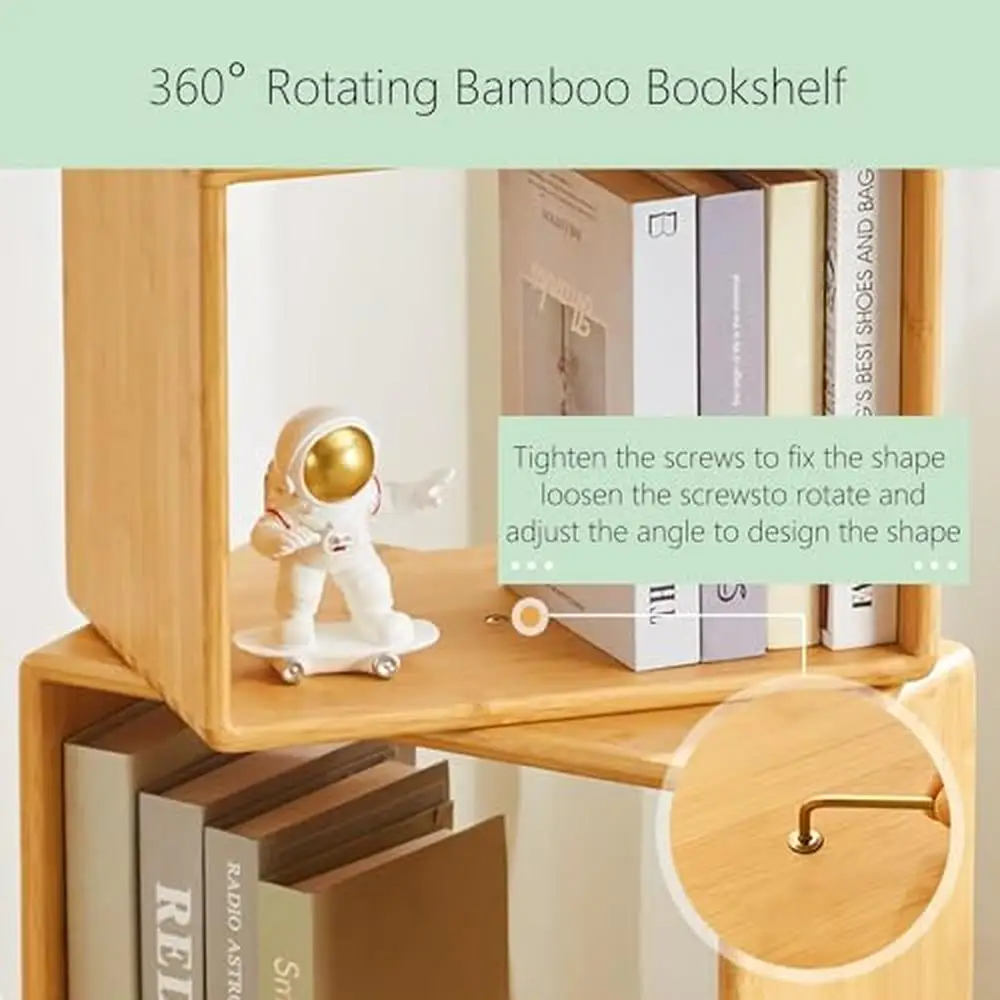 Rotating 360° 4-Tier Bamboo Bookshelf Large Capacity Open Storage Shelf Creative Nightstand Cabinet Shelf Square Shelf Durable