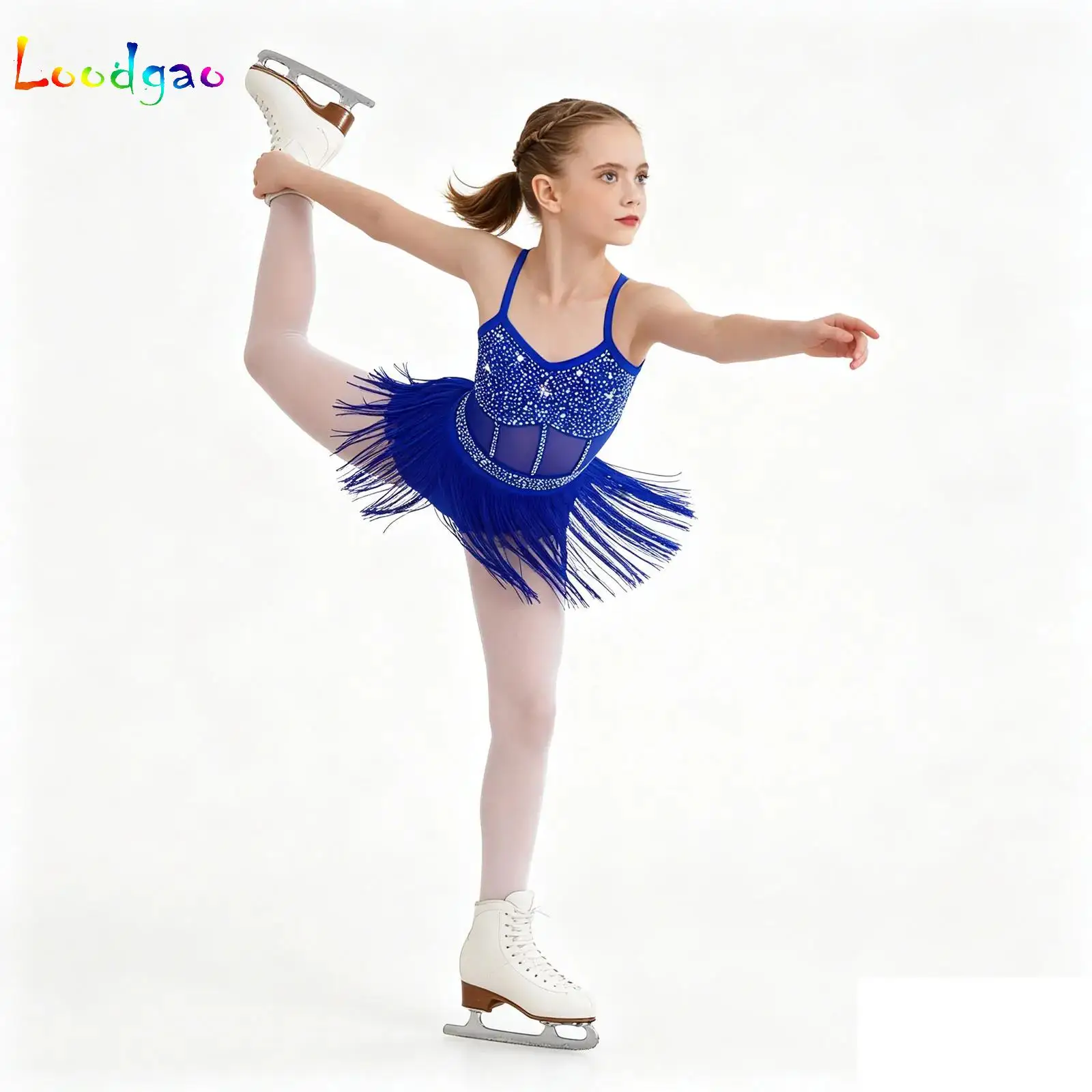 Kids Girls Latin Dance Dress Sheer Mesh Splice Tiered Tassel Bodysuit Dress Tango Samba Figure Skating Dance Ballroom Dancewear