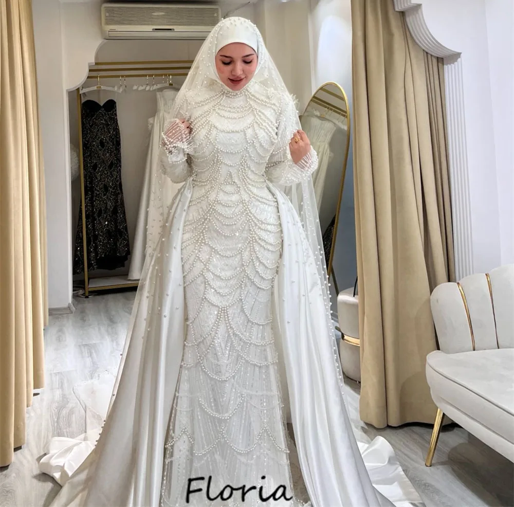 

Muslim White Heavy Pearls Birdal Evening Dresses With Detachable Skirt Dubai Designed Long Sleeves Party Gowns Customized Prom