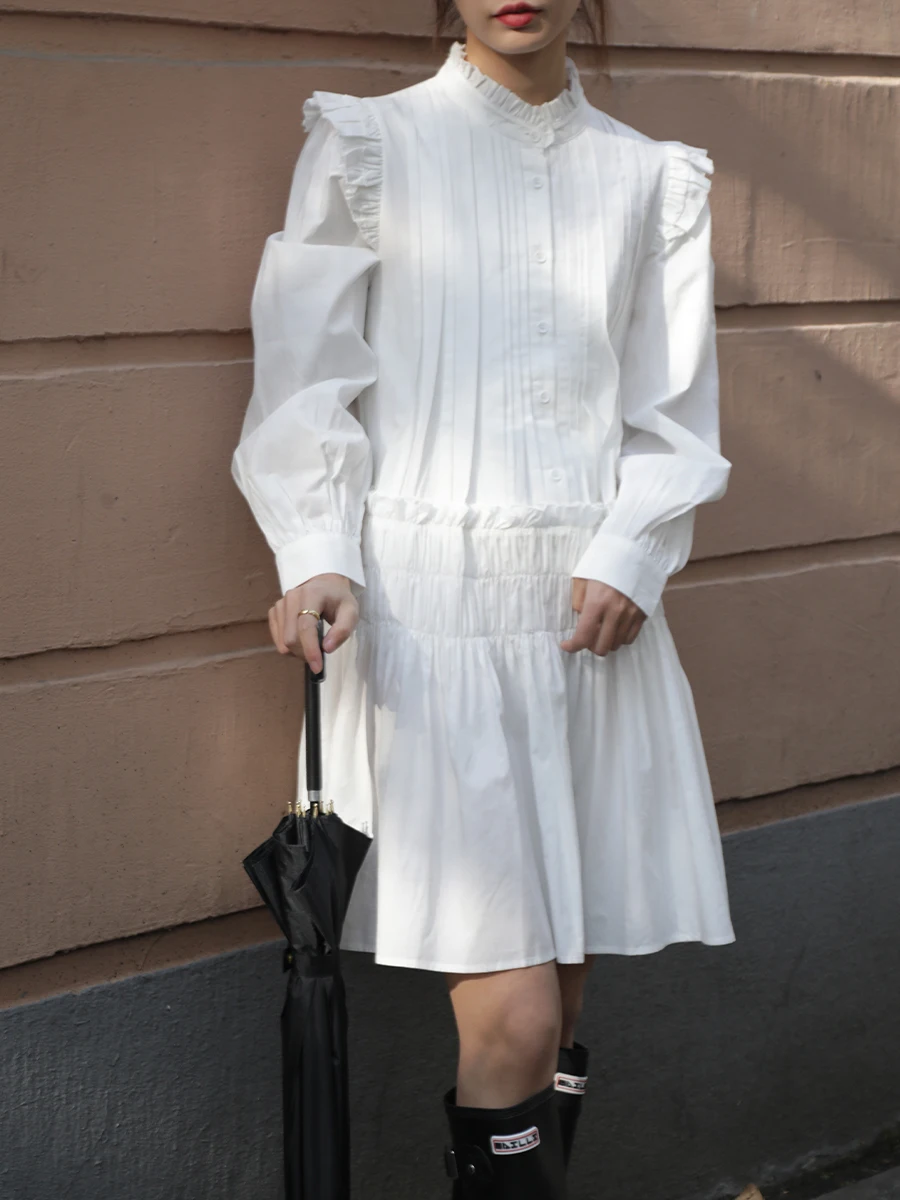 

Spring Autumn Original Design Women Vintage Inspired Romantic Pleated Ruffled Cotton White Dress