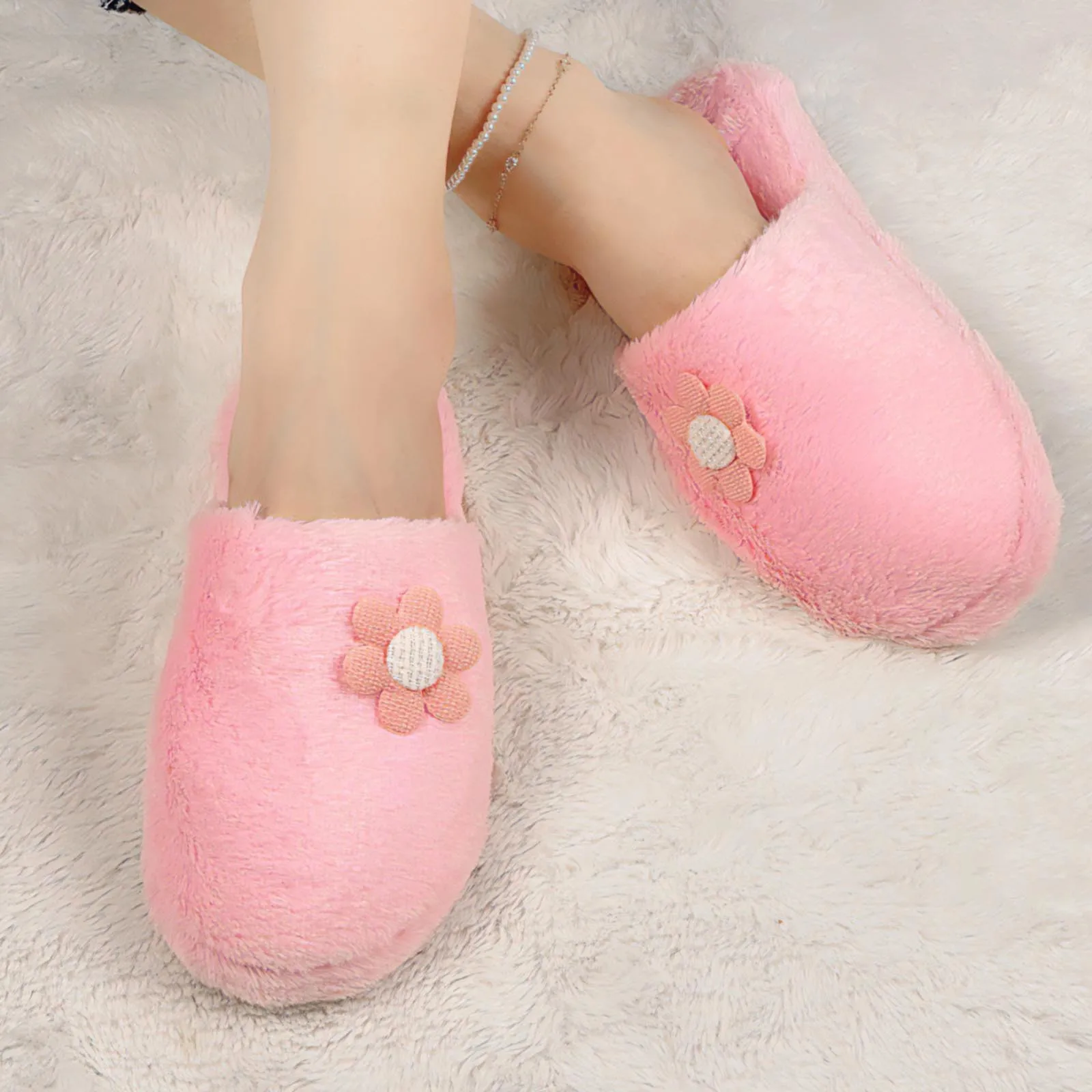 Men And Women Winter Indoor Outdoor Small Flower Slippers Non Slip Deodo Rant Soft Thick Bottom Cotton Solid Color Slippers