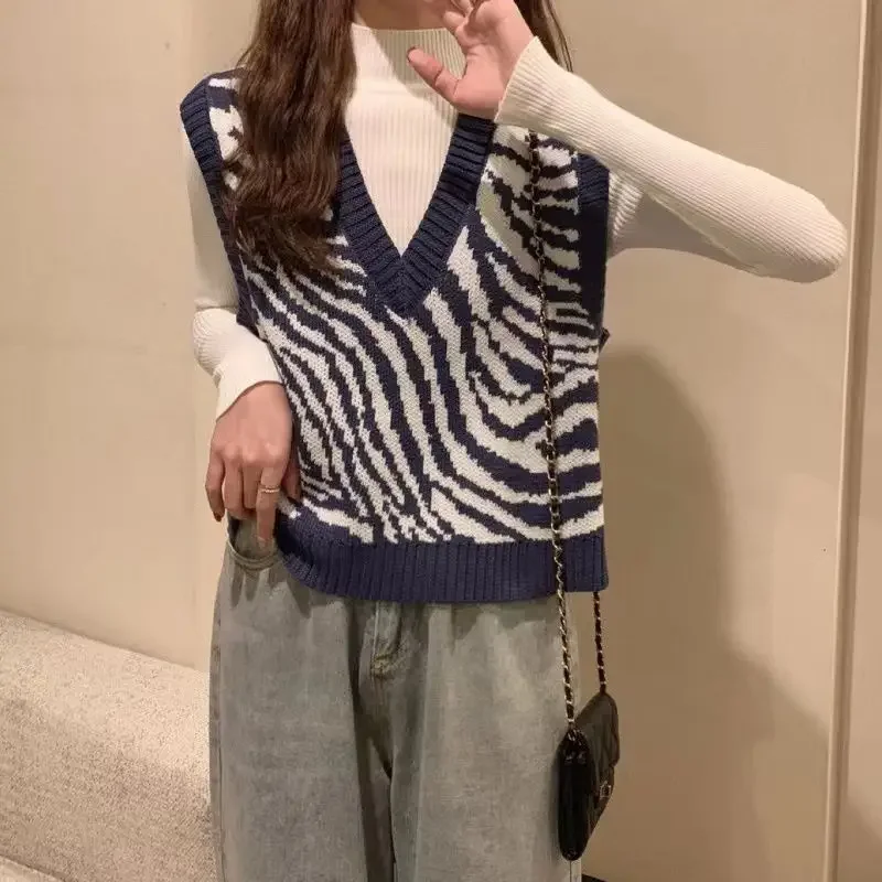 Chaleco de punto con estampado de cebra para mujer, suéter sin mangas con cuello en V, prendas de vestir exteriores a la moda, chaleco suelto para primavera, Otoño e Invierno