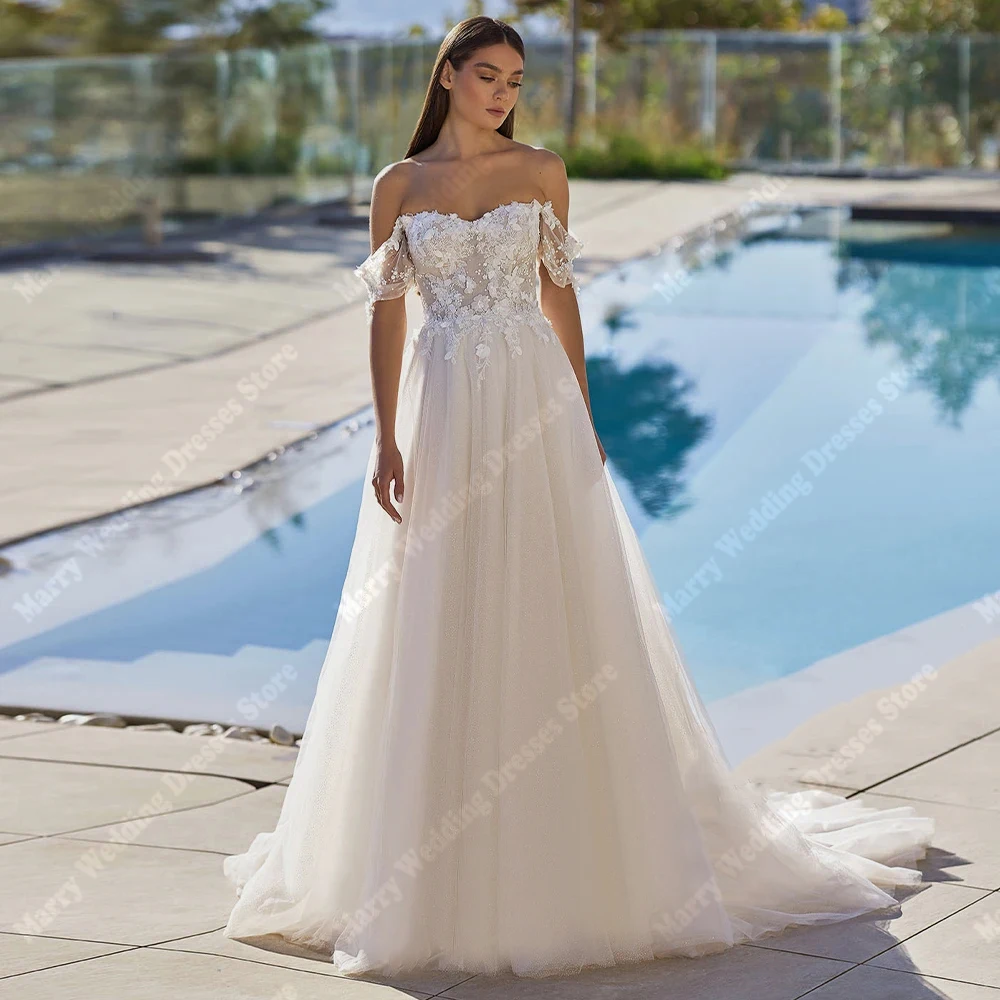 

Off The Shoulder A-Line Women Wedding Dresses Lace Flower Printing Bridal Gowns Princess Banquet Prom Robes De Mariée Customized