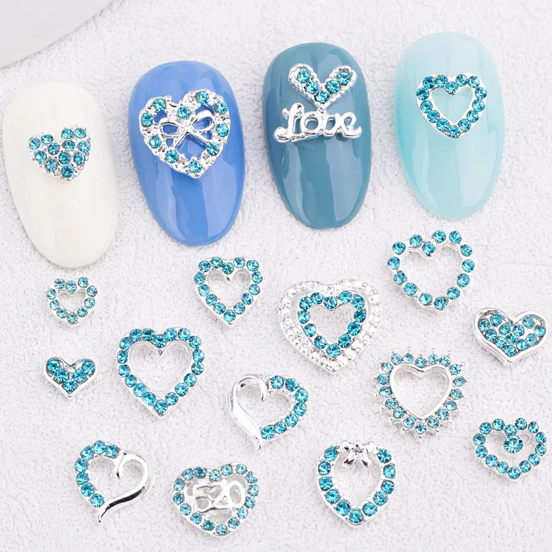 

10PCS Heart Rhinestone Nail Art Accessories Blue Diamond Alloy Silver Material Valentine's Day Nail Charms Gems Nails Supplies