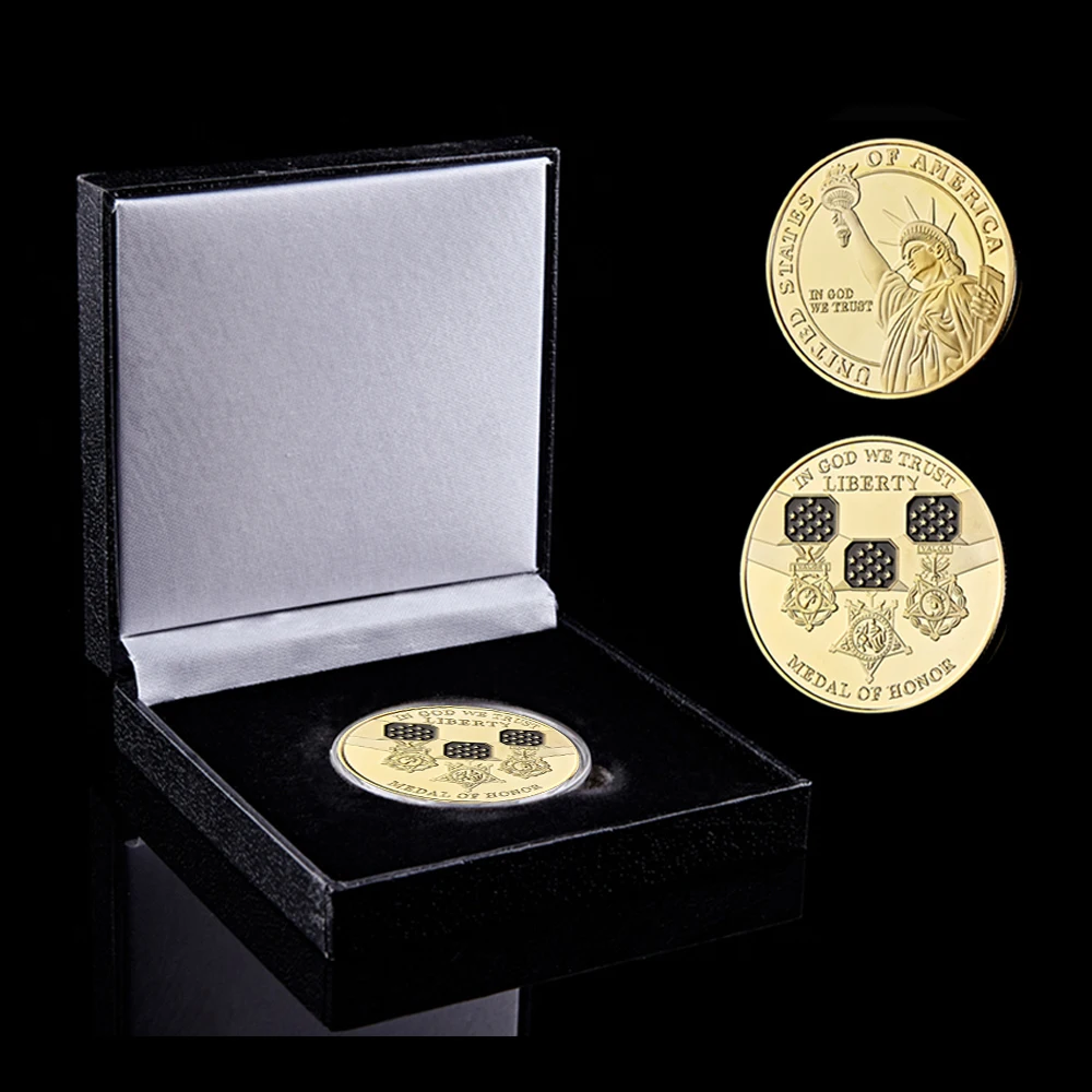 USA In God We Trust Medal of Honor Gold Plated Lady Statue of Liberty Challenge Coin W/ Luxury Coin Box