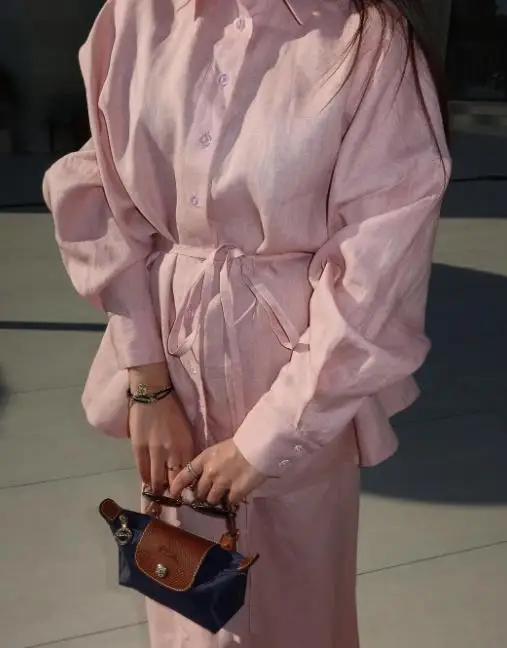

Summer 2025 Women's Casual Clothing Set with Lapel Tie Loose Long Sleeved Shirt And High-Waisted Long Skirt