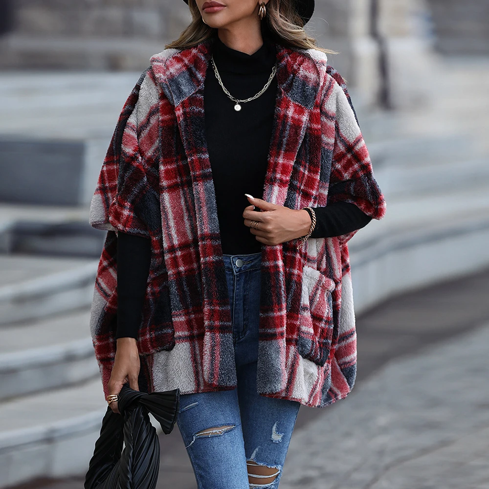 

Бархатная женская повседневная плюшевая куртка в европейском и американском стиле с капюшоном и половиной рукава в шотландскую клетку без пряжек свободного покроя