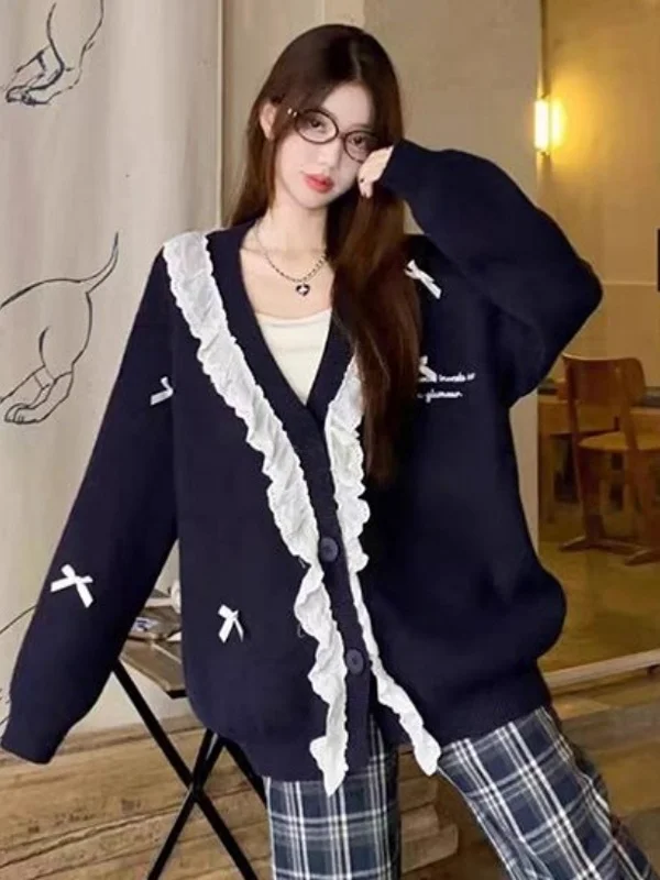 

Loose Knitted Lace Trim V-Ne Sweater Coat Knot Spring Autumn New Sle Lazy Faion Design College Open Cardigan