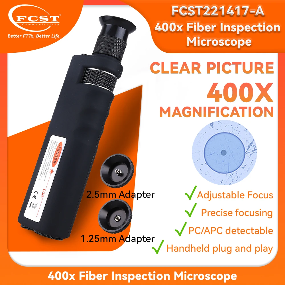 

FCST 400X Handheld Optical Fiber End Face Magnifier 2.5mm(SC/FC/ST) / 1.25mm(LC) Adapter Fiber Optic Microscope