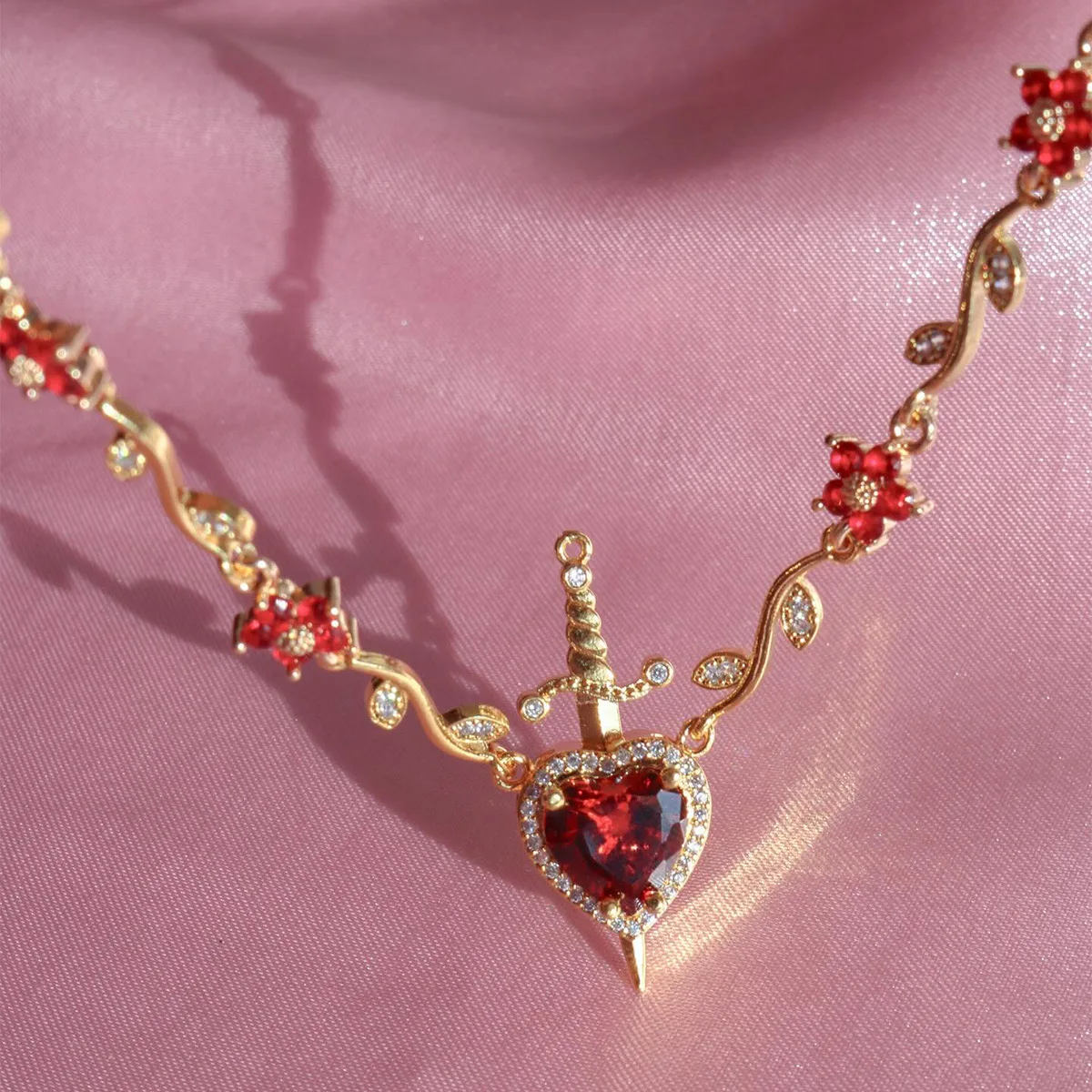 Romantic Sweet Red Zircon Love Heart Arrow Flower Pendant Necklaces for Women Girls Jewelry Accessories Party Anniversary Gifts