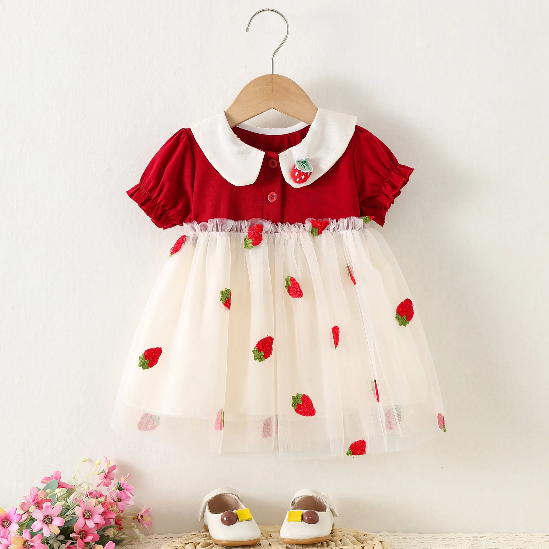 Girls' summer dress 2026 cute Girls short-sleeved strawberry print princess dress for 1-3years old baby children chiffon dress