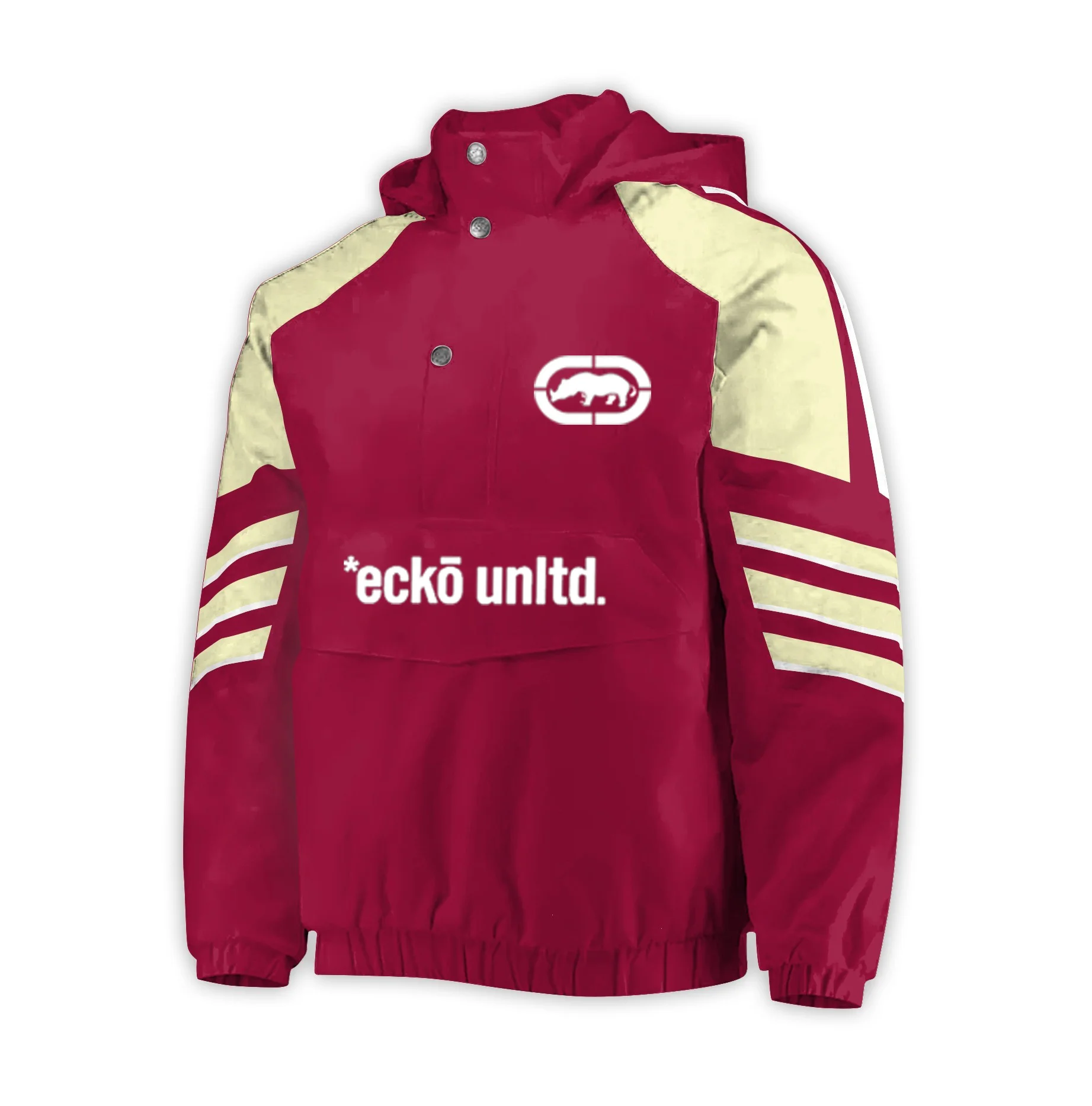 Hip‑Hop Men Half Button Pullover Windbreaker Burgundy Beige Color Block Ecko Unltd Rhino Graphic Hooded Anorak Jacket Striped Sl
