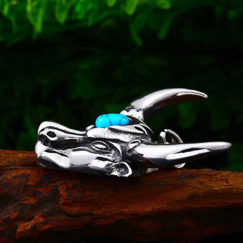 Domineering Nordic  Turquoise Bull Head Animal Pendant Necklace Men\\\'s Biker Punk Trend Jewelry