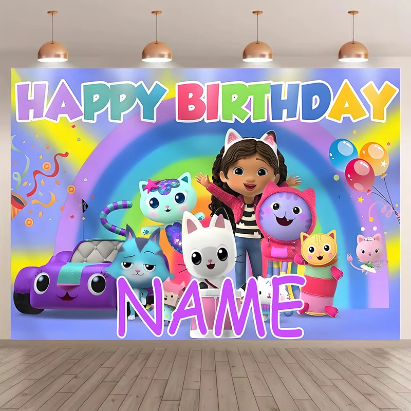 

Cartoon Gabby Dollhouse Custom Name Happy Birthday Banner Backdrop Kids Party Photography Background Poster Wall Art Home Decor