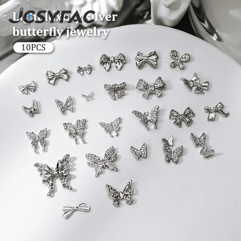 10 stuks DIY nail art decoratie 3D zilveren vlinder glanzende strass nagelboren voor manicure ontwerp accessoire