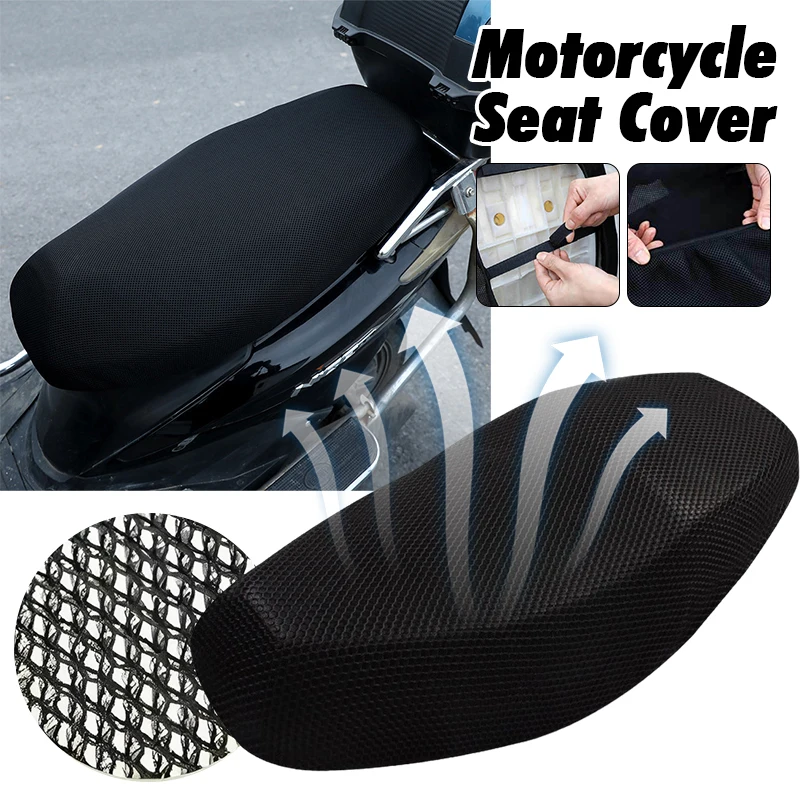 Summer Cool Black 3D Mesh Motorcycle Seat Cover Breathable Scooter Seat Covers Cushion Anti-Slip Cover Grid Protection Pad