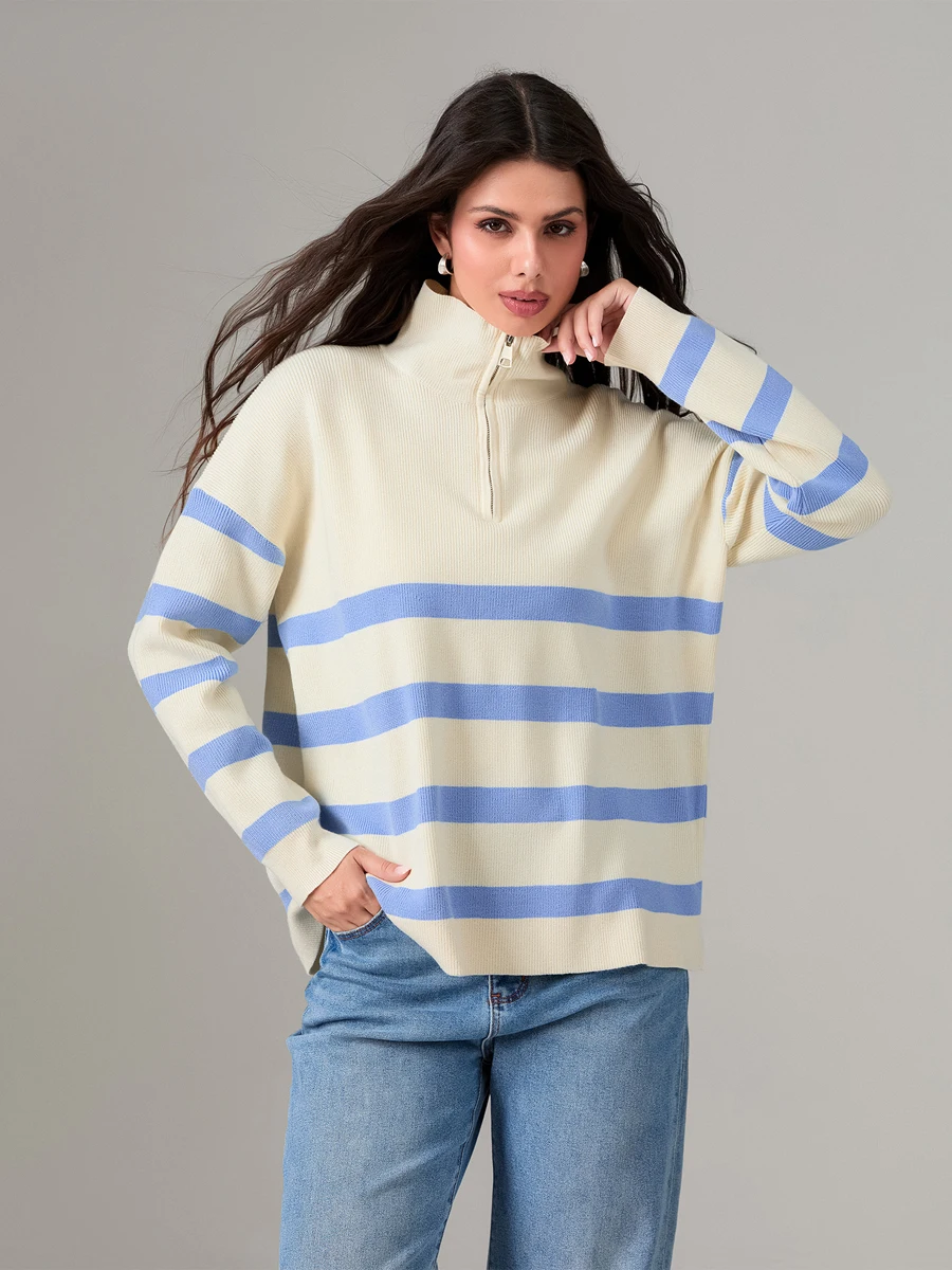 New Fashion Women Fall Knit Sweaters Loose Fit Stripe Pattern V-Neck Zipper Stand Collar Long Sleeve Casual Knit Tops S M L