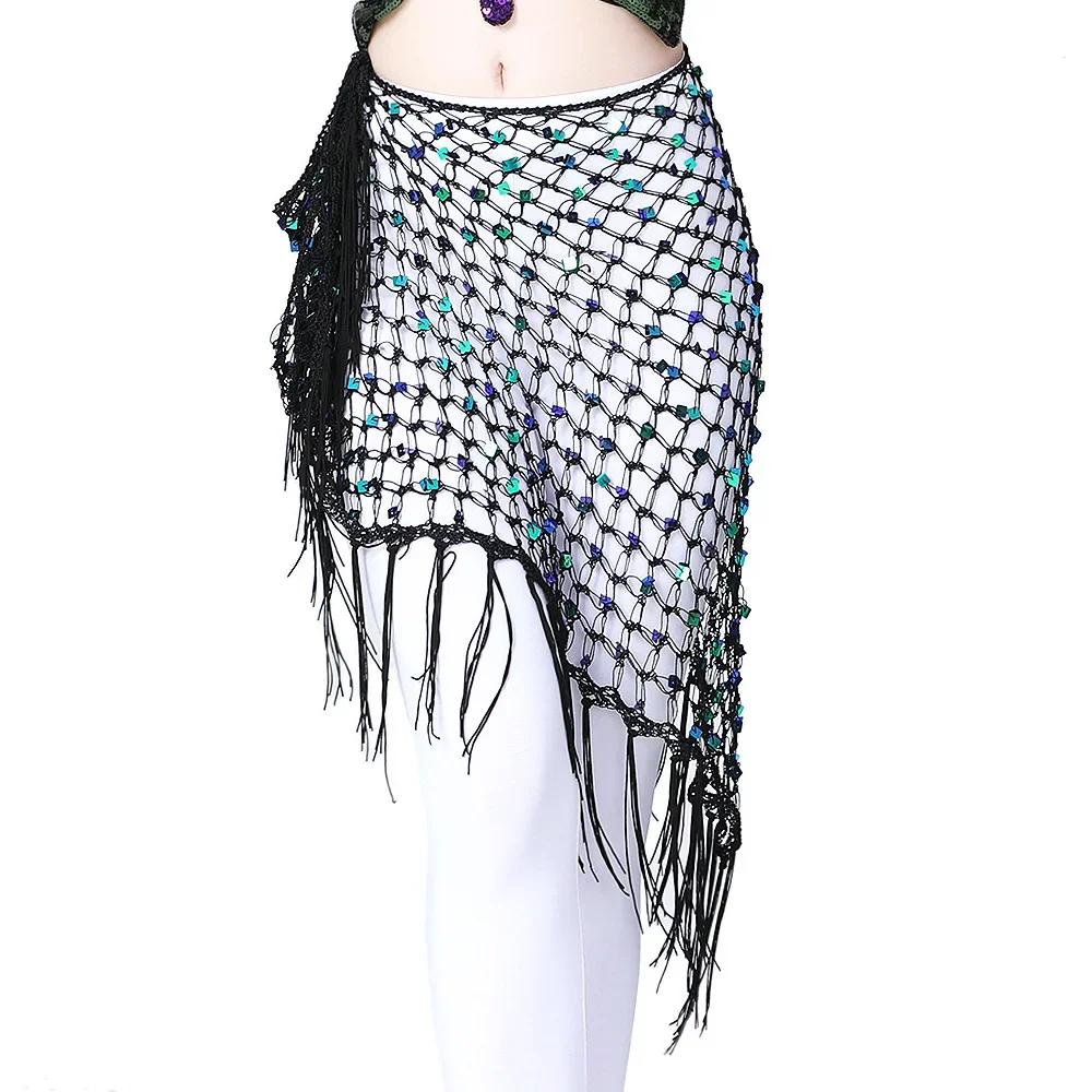 High Quality Sexy Women Sequin Tassels Handmade Crochet Net Triangle Scarf for Belly Dance Hip Scarf