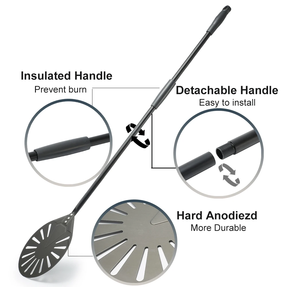 12" Hard Anodized Perforated Pizza Peel Rectangle Pizza Turning Shovel Set Aluminum Pizza Peel Paddle 40cm Long Silicone Handle