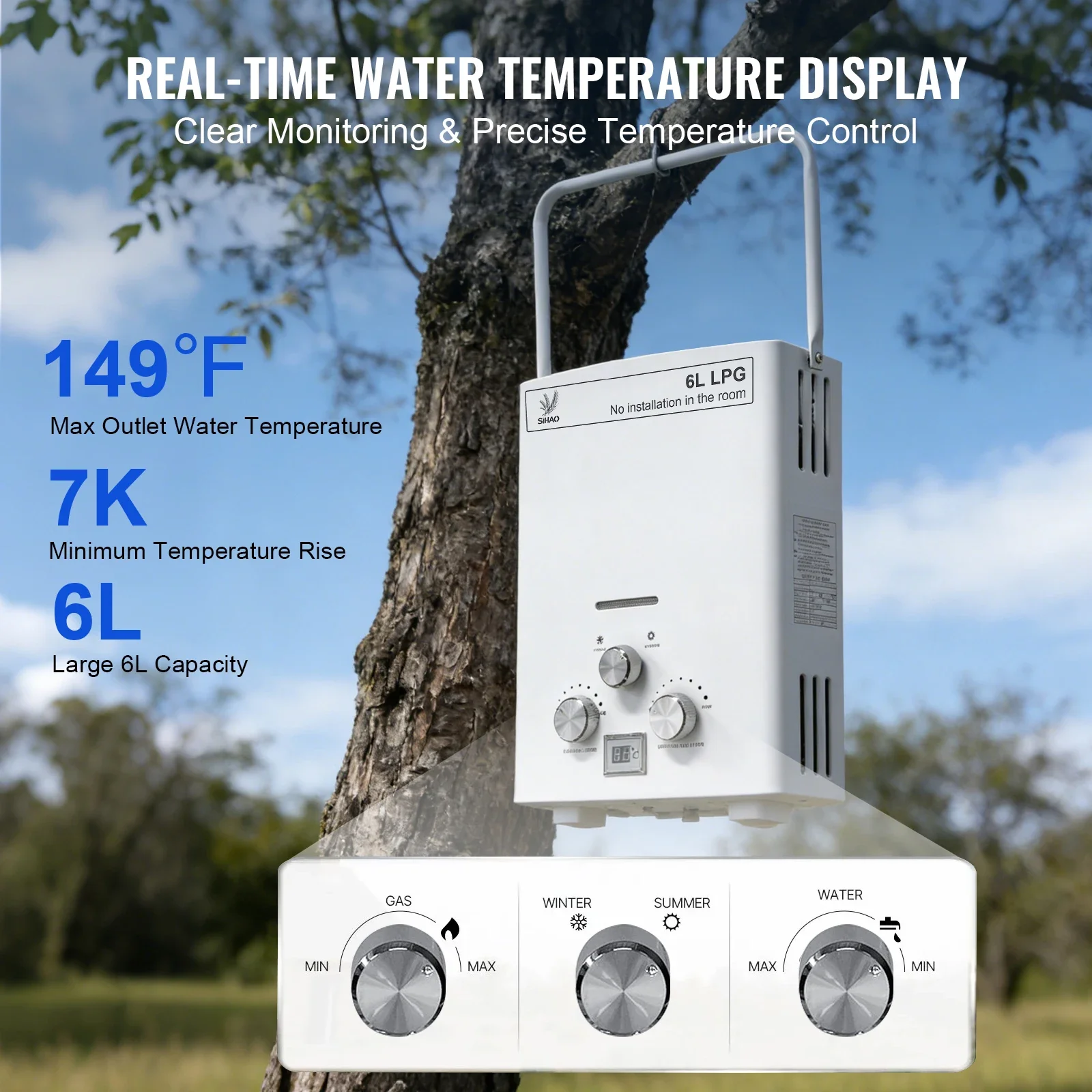 

SIHAO 6L Portable Gas Water Heater Instant Bathroom Heating for Travel Outdoor Camping Car Use Boiler