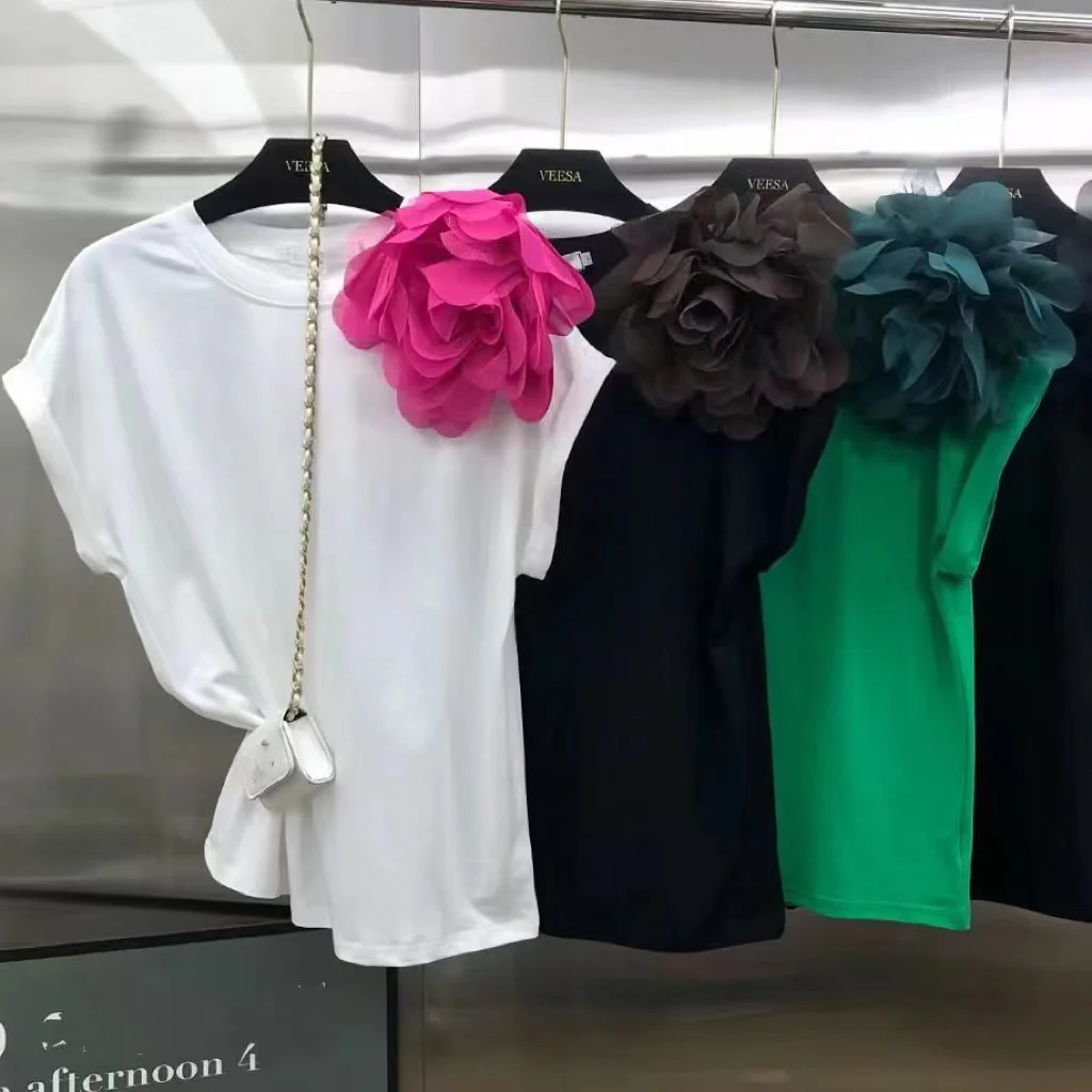 Camicia in cotone fiore 3D per donna colore a contrasto estate 2024 top Tees Ropa De Mujer moda coreana Sweet Camisetas