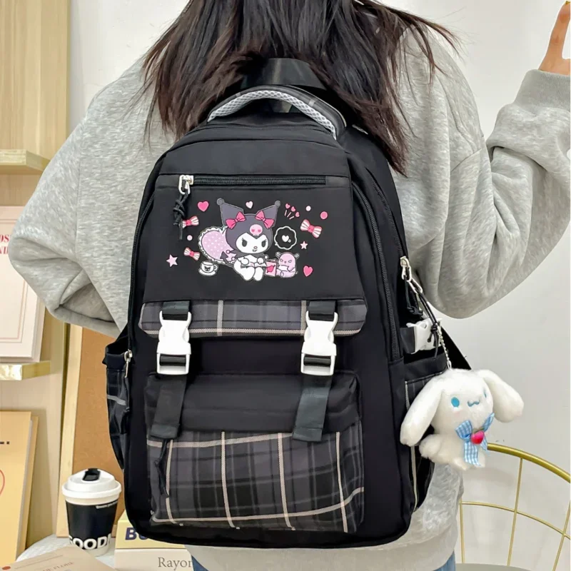 Sanrio Kulomie Printed Air Cushion Strap Student School Bag Melody Large Capacity Plaid Children's Burden Reduction Backpack