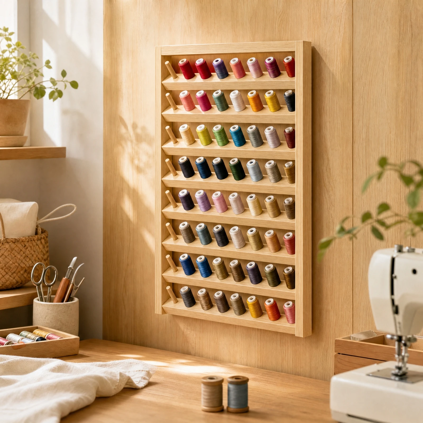 Wall-Mounted Thread Spool Rack Robust Fir Wood Thread Rack Wooden Spool Holder with Pegs Easy to Install Sturdy for Sewers