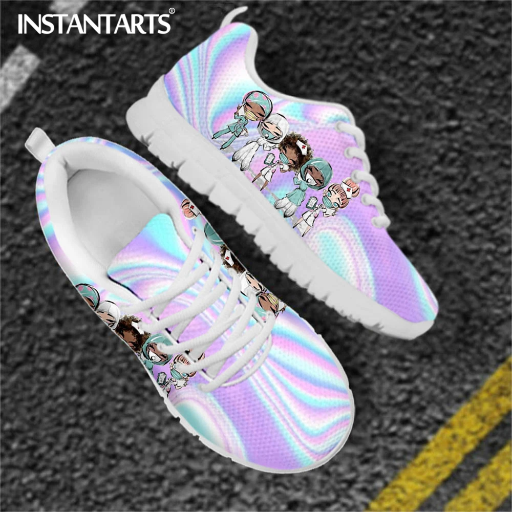 Pretty Cartoon Hospital Nurses And Doctors Pattern Ladies Flat Shoes Breathable Warm Soft Sneaker Lace Up Footwear