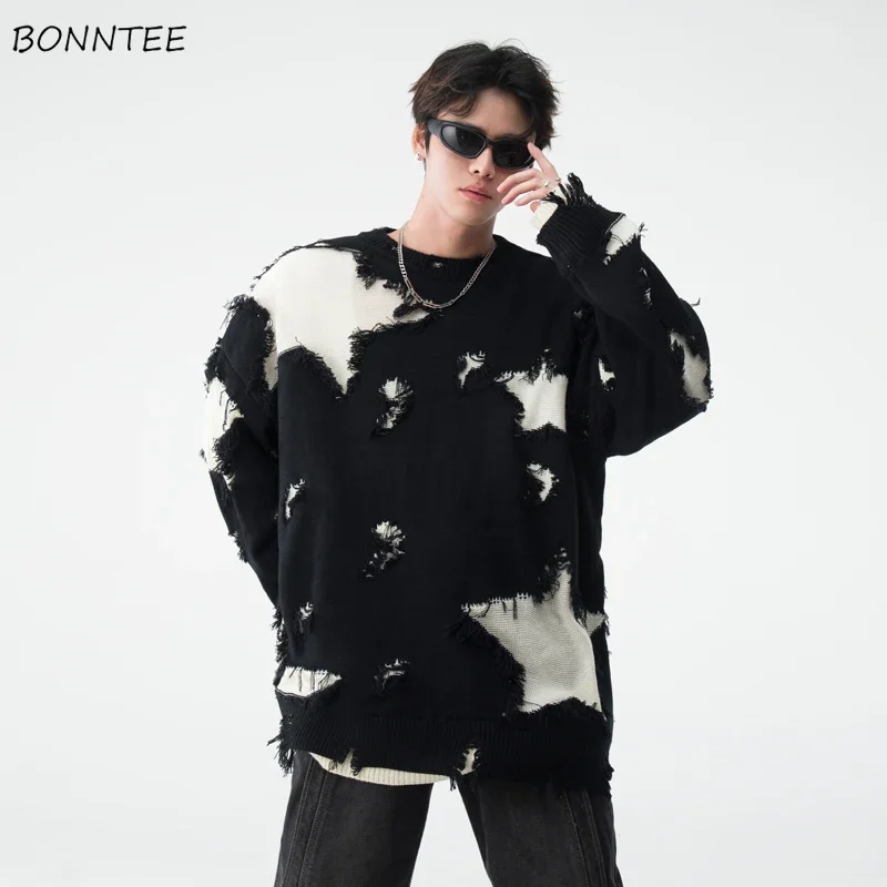 

Fashion Irregular Pullovers Men Frayed Design Autumn Ins Baggy Hipster Knitting Stylish All-match High Street Casual Tops Chic