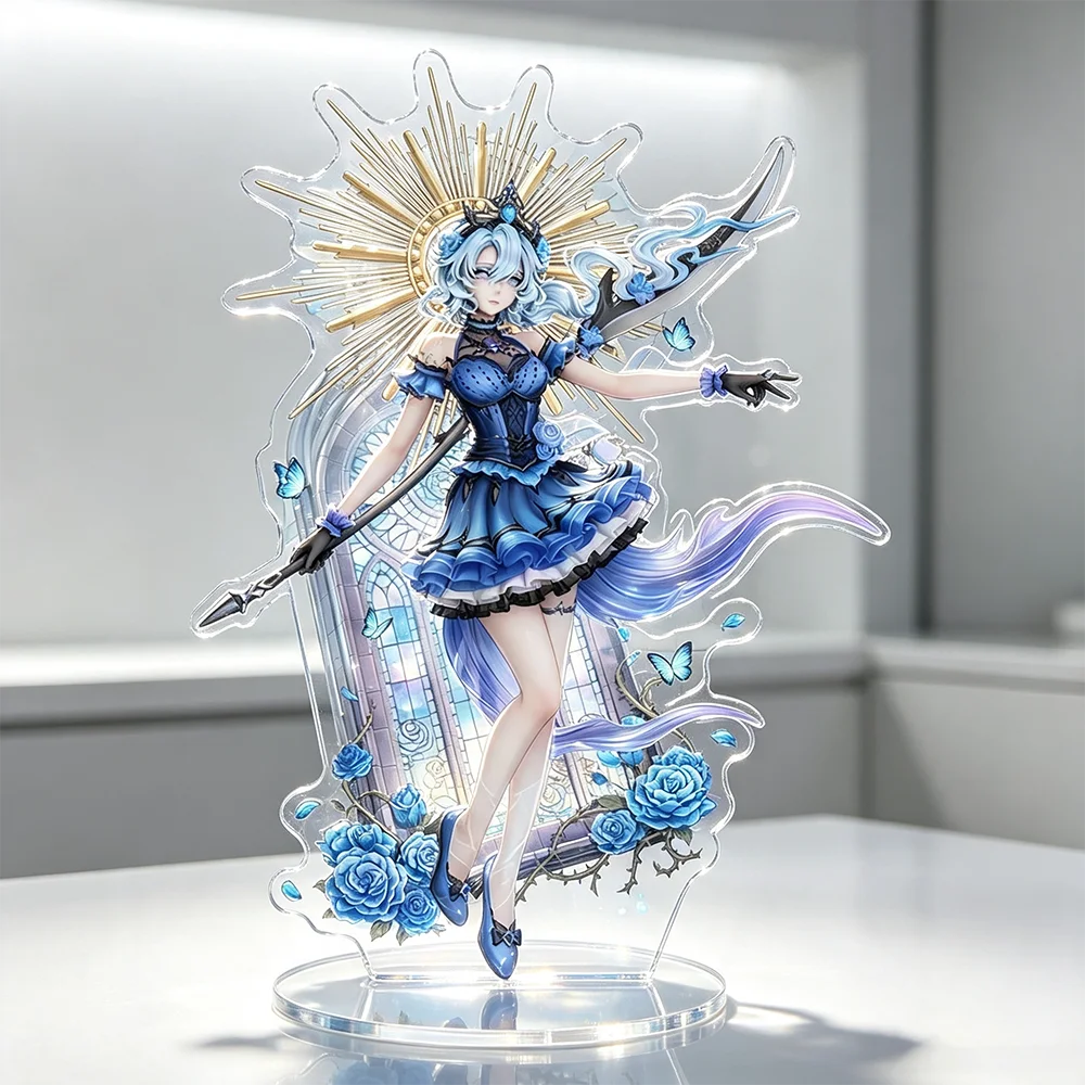 Single Blue Lolita WarriorGirl Acrylic StandStained Glass Blue Rose Butterfly DesignClearRoundBaseDesktopDisplay Collection Gift