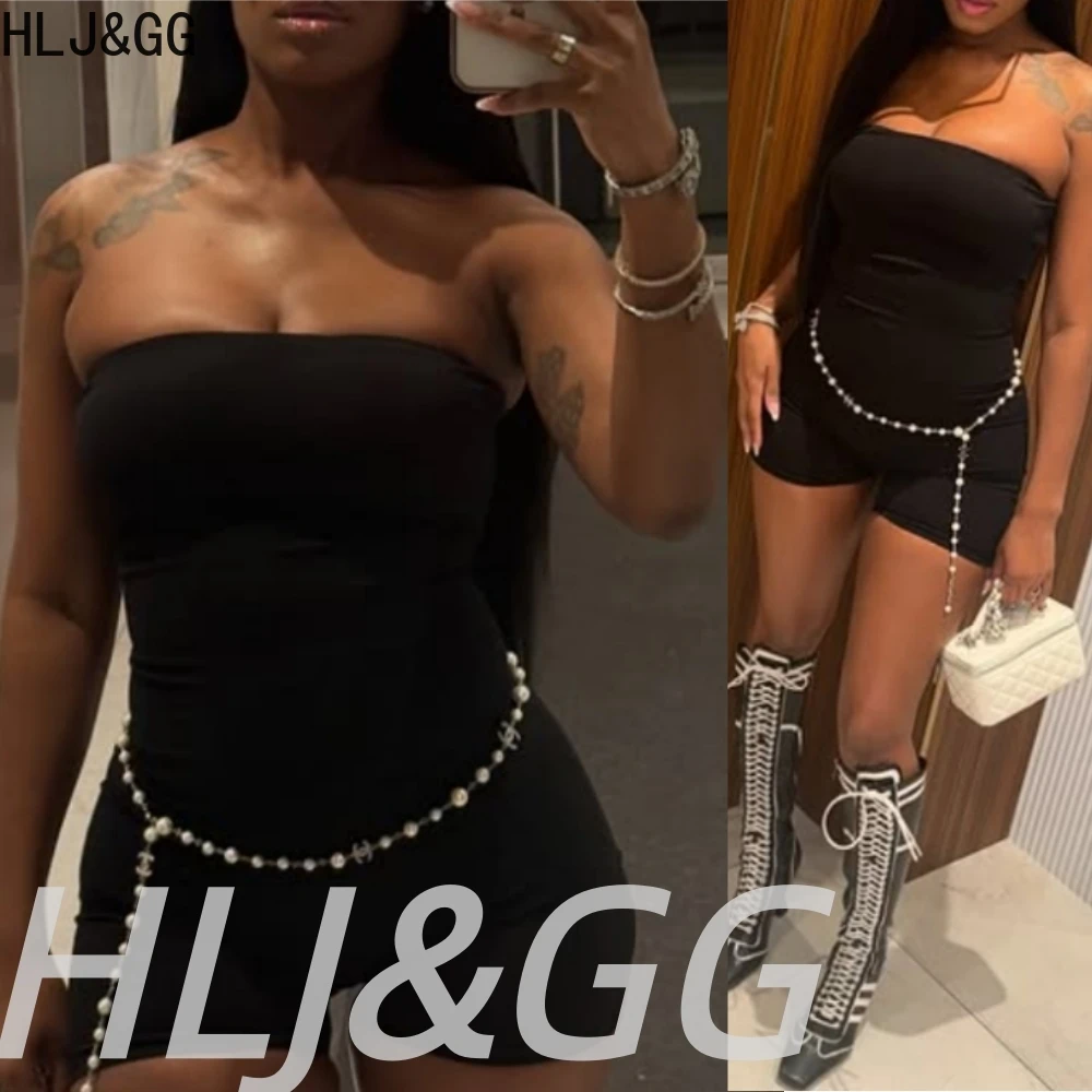 HLJ&GG Sexy Off Shoulder Bodycon One Piece Rompers Women Sleeveless Backless Slim Jumpsuits Fashion Solid Overalls With Chain