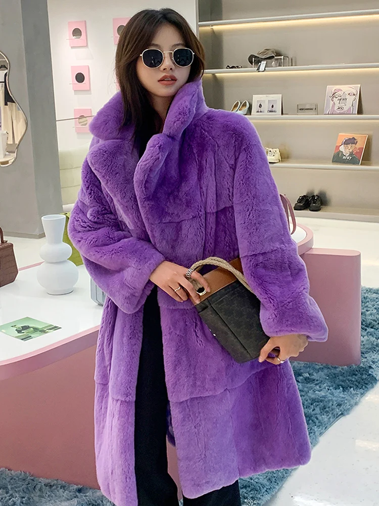 Top Selling Real Rex Rabbit Fur Whole Fur Coat With Suit  Collar Fashion Warm Overcoat 100cm Long Purple Jacket Women Winter