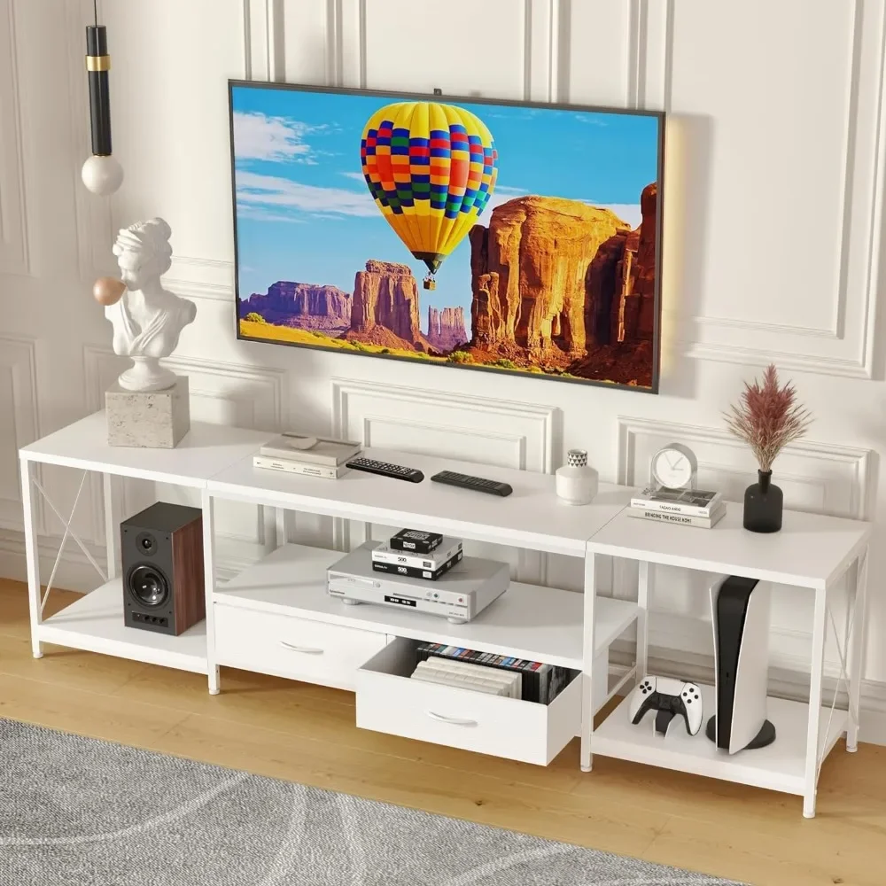 TV Stand with Fabric Drawer, Entertainment Center, Industrial Console Table with Open Storage Shelves, TV Cabinet