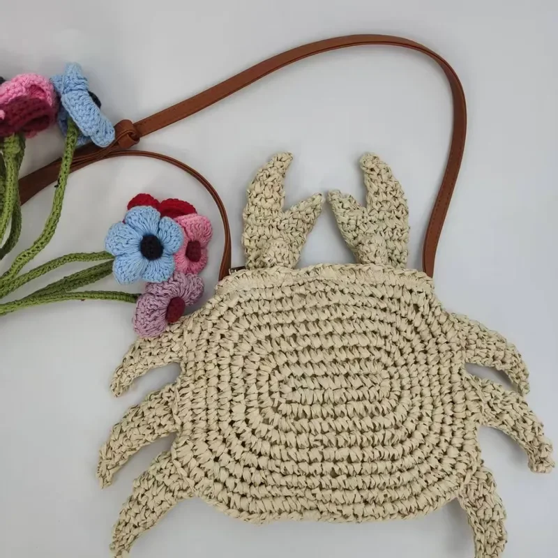 White Crab Straw Bag Women Girls One Shoulder Crossbody Beach Leisure Versatile Animal Weaving Change Bag Student Casual