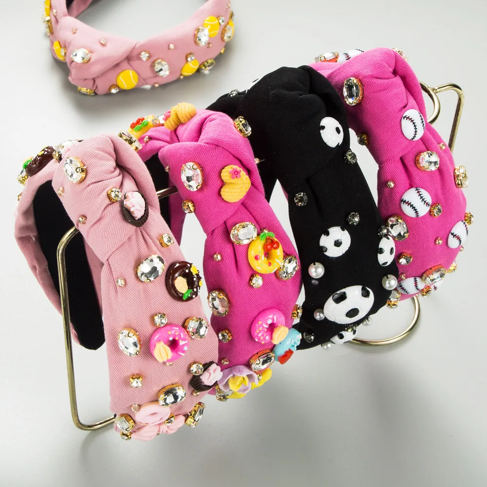 Sporty Knotted Headband Rhinestone Soccer Baseball Hairband Denim Wide Hair Hoop Playful Statement Party Headwear