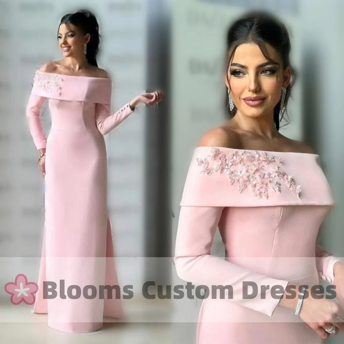 

Blooms Pink Crepe Off Shoulder Sequin Appliques Evening Dress Elegant Prom Dress Back Train Buttons Long Formal Party Gown