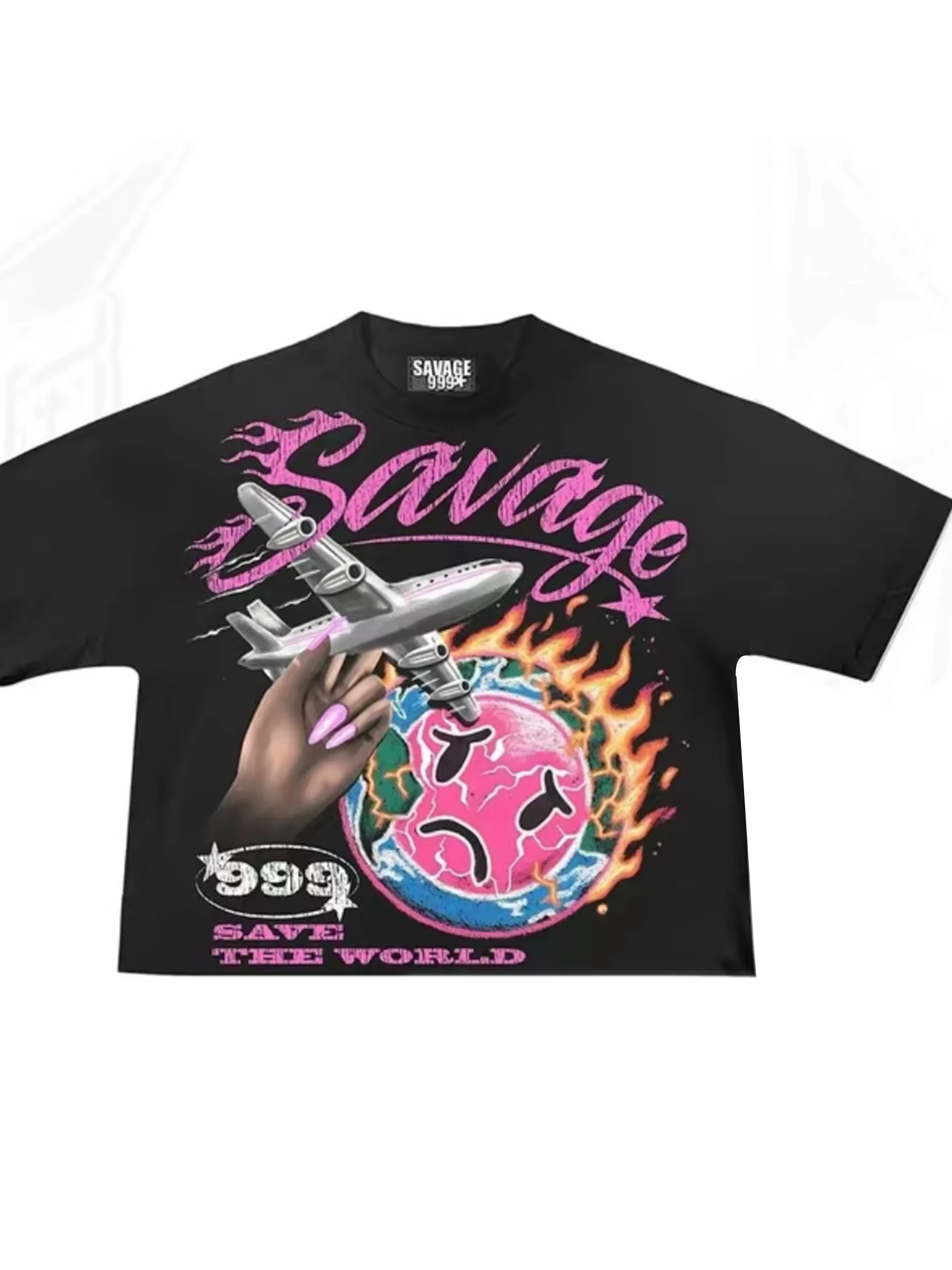 Camiseta Masculina com Estampa Y2K - Design Savage Save The World Preto e Rosa Estilo Punk Gótico Streetwear Manga Curta