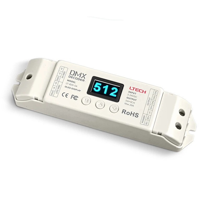 LTECH nowy dekoder Led DMX512 4-kanałowy kontroler listwa RGBW wyjściowy 12V 24V 5A/4CH DMX Slave PWM bity zed wyświetlacz LT-820-5A