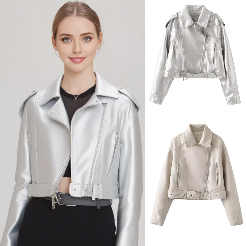 

Осенняя повседневная простая куртка из искусственной кожи с отложным воротником на пуговицах Y2K Женская шикарная кожаная куртка с поясом с длинным рукавом для женщин