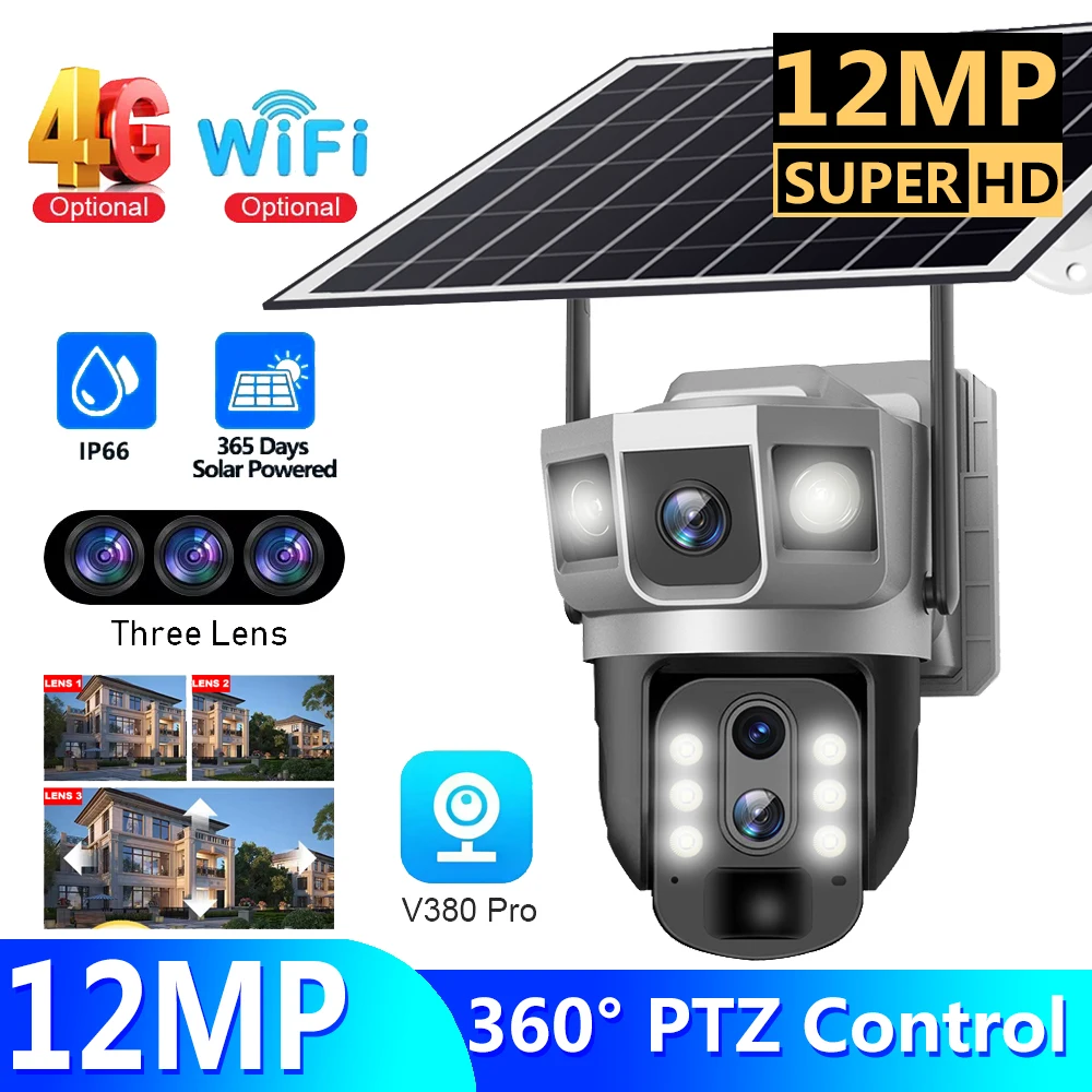 

3 Lens Solar Surveillance Camera 4G Sim Card AI Human Detection Solar Powered CCTV Video Monitoring Outside Security Protection