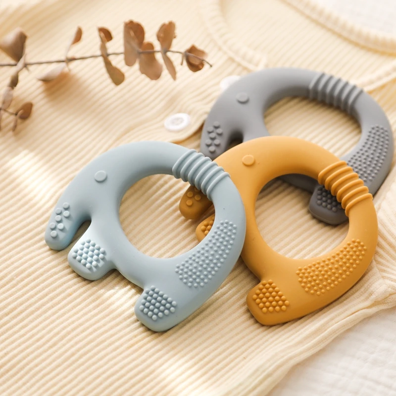 1PC Food Grade Baby Silicone Teether Elephant Shape Wooden Ring Teething Toys BPA Free Infant Chewing Nursing Teething Gifts Toy