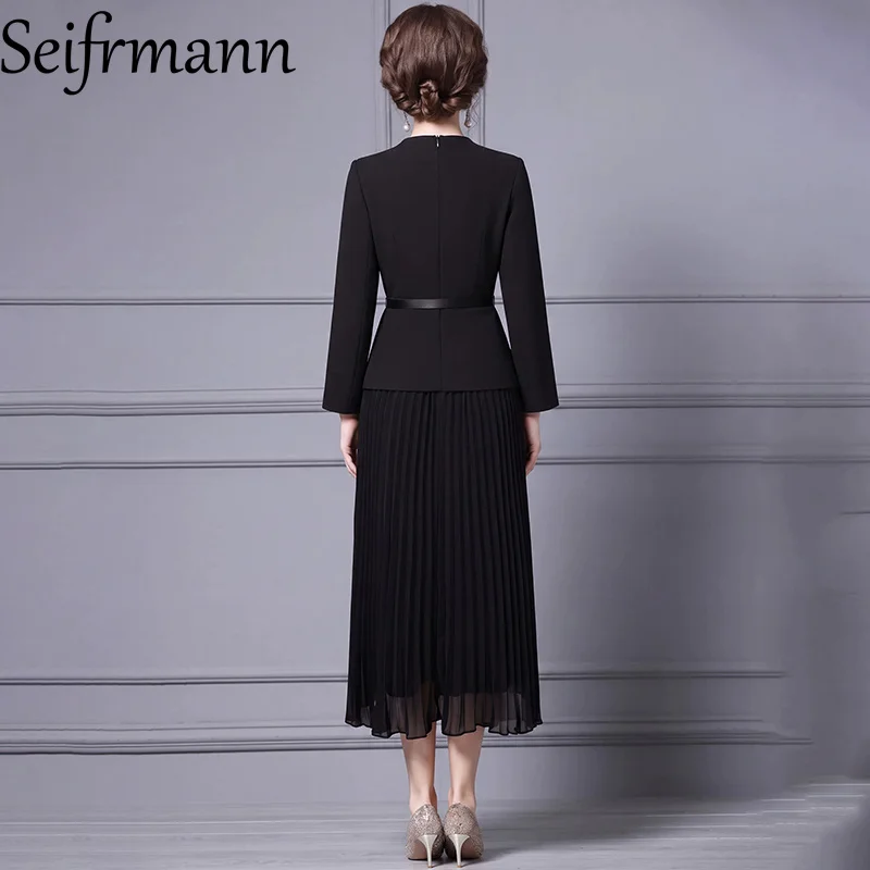 Seifrmann Solid Color Fake Two Piece Pleated Dress Suit Collar Long Sleeve Waist Midi Dress 2026 Autumn Women's New Style
