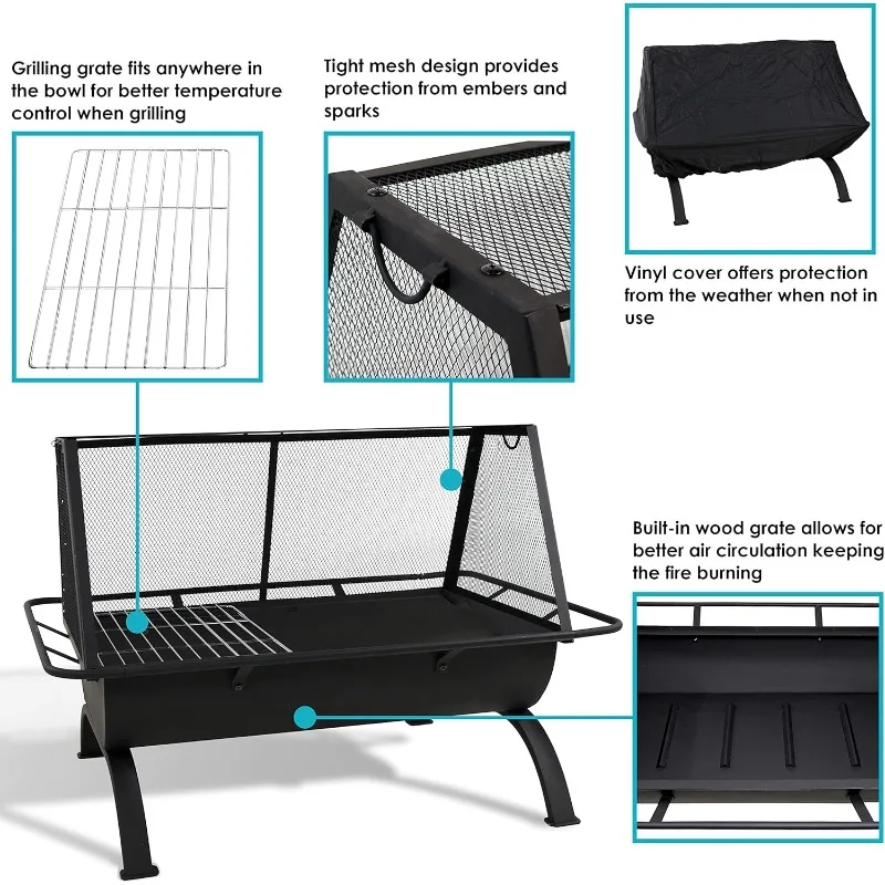 Sunnydaze 36-Inch Northland Steel Outdoor Fire Pit with Grill and Spark Screen - Vinyl Protective Cover - Black Finish