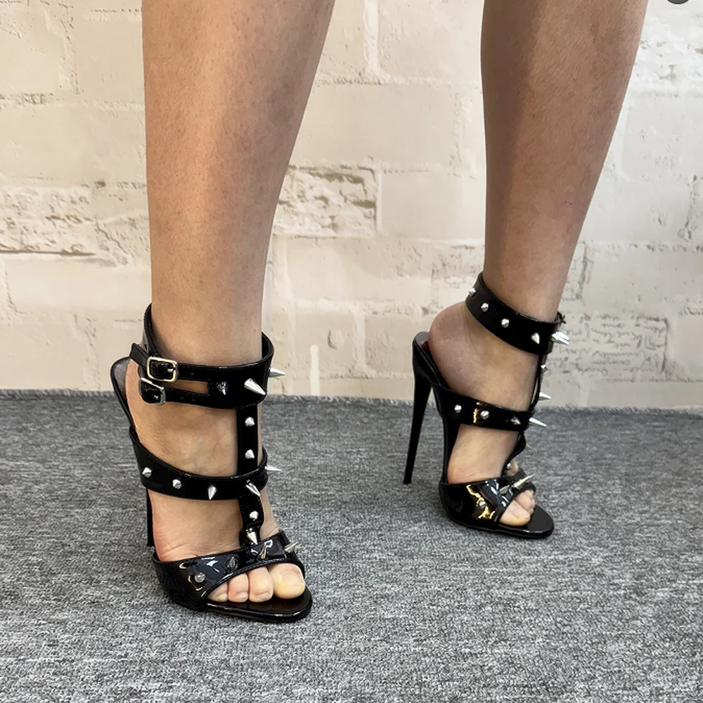 16/14cm/12cm High Heeled Rivets Sandals,Women Fetish Summer Shoes,T-Shape Ankle Buckle Strap,Black,Size 36-46,Customized Colors