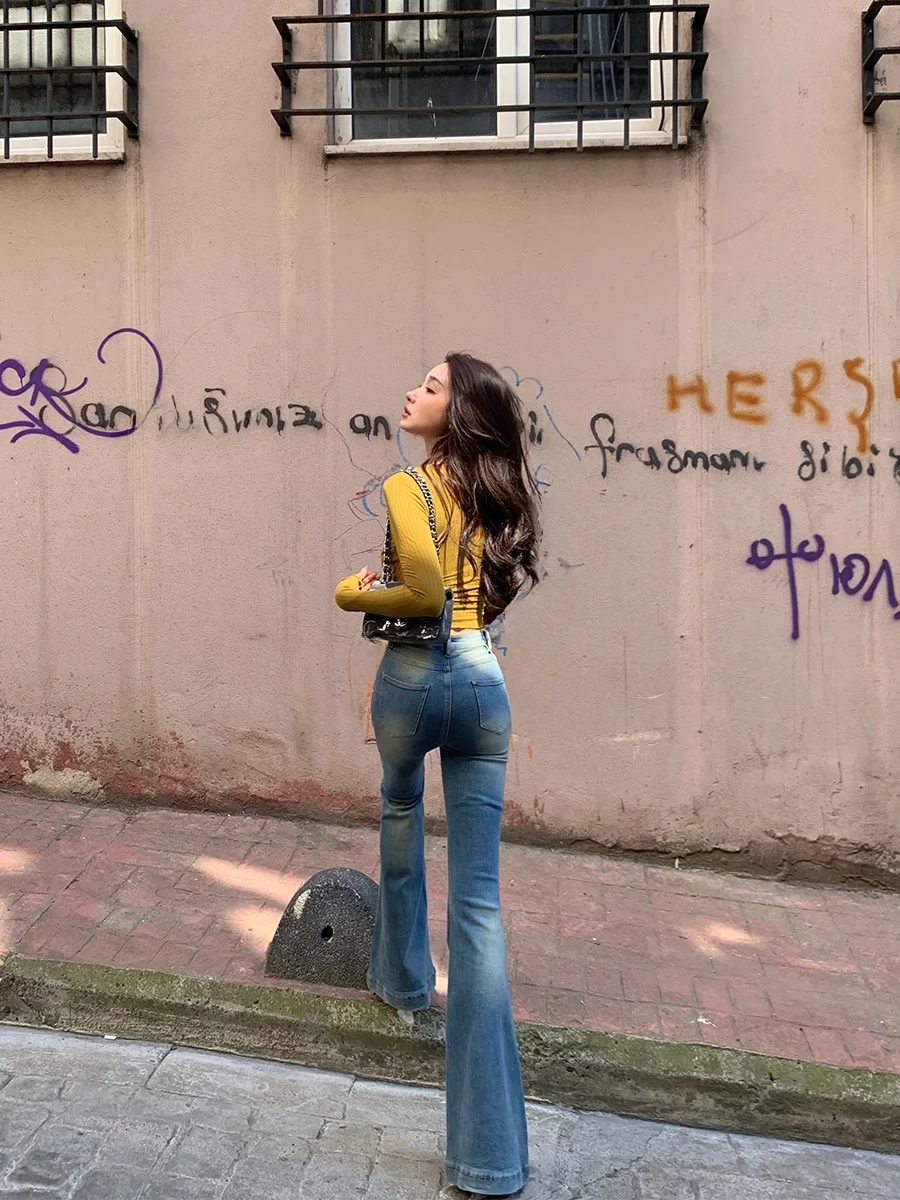 

Синие джинсы с высокой талией и микро-клешем, женские, эластичные, с эффектом подтяжки ягодиц, повседневные, из хлопкового стрейч-денима, на все сезоны