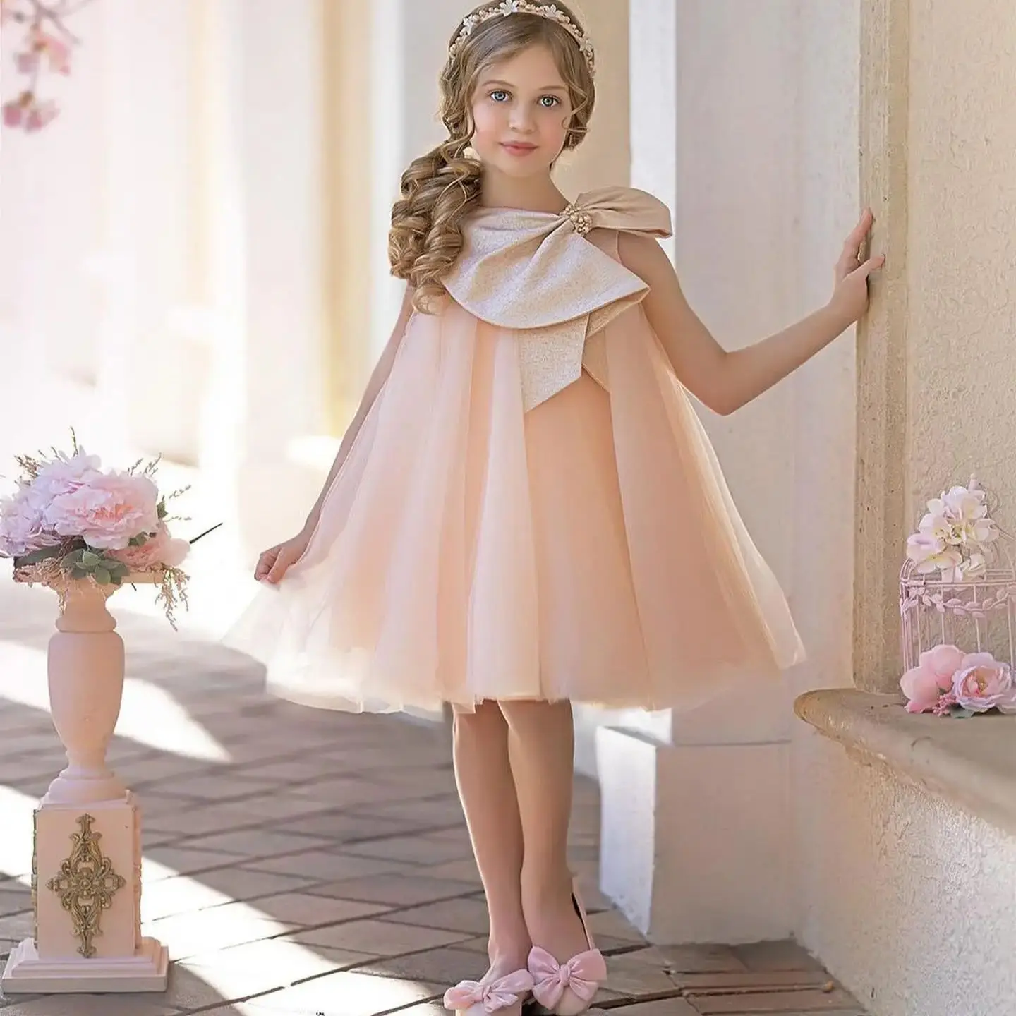 

Elegant Blush Pink Flower Girl Dresses A Line Tulle Little Girls Birthday Gowns Bows Knee Length Children Photography Gowns