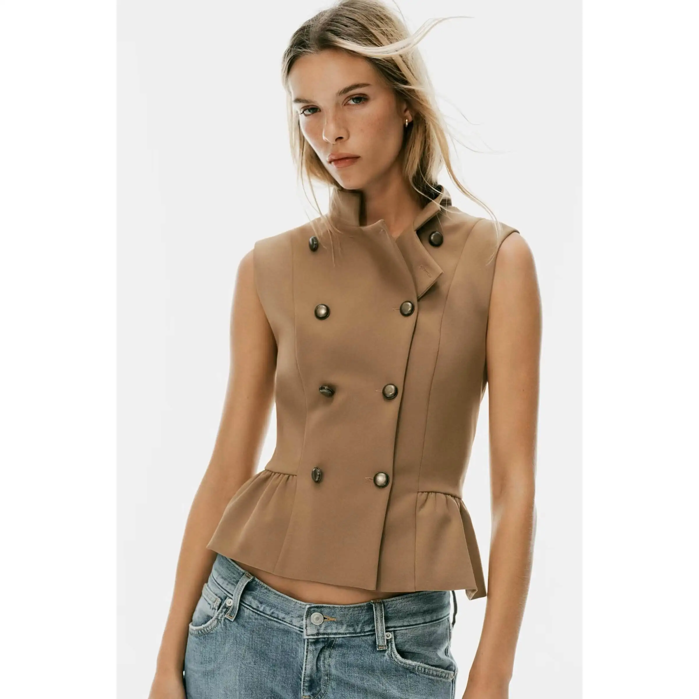 Fashionable Nine-Point  Skirt Vest Top Women's Polyester Fiber Curved Fit Outerwear Autumn Double Button Closure