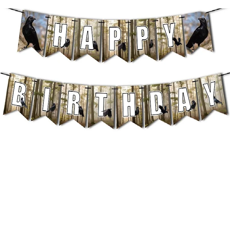 Black Raven Banner,Children's Raven Happy Birthday Pull Flag