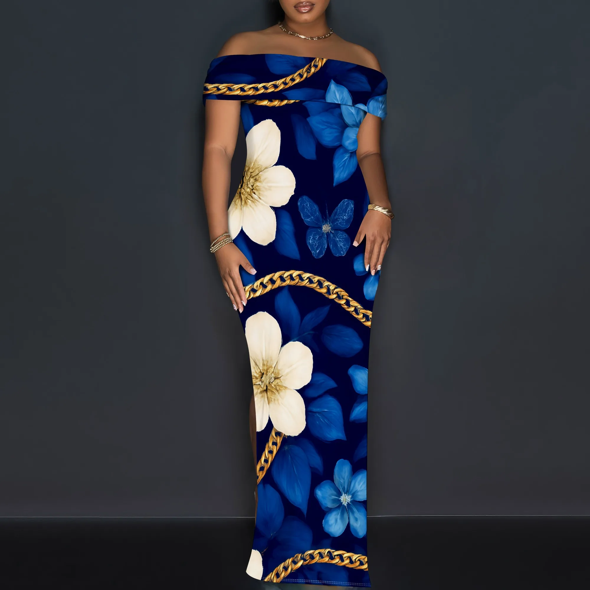 

Women's Off Shoulder Maxi Dress Floral Gold Chain Print High Split Bodycon Party Dress XS-3XL